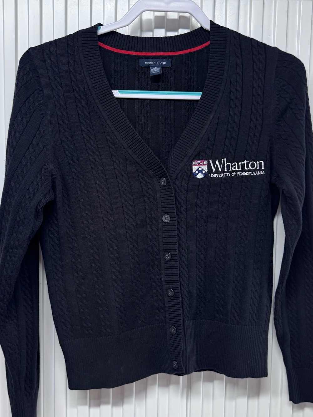 Tommy Hilfiger Wharton School UPenn Black Cable-Knit Cardigan Sweater size Med